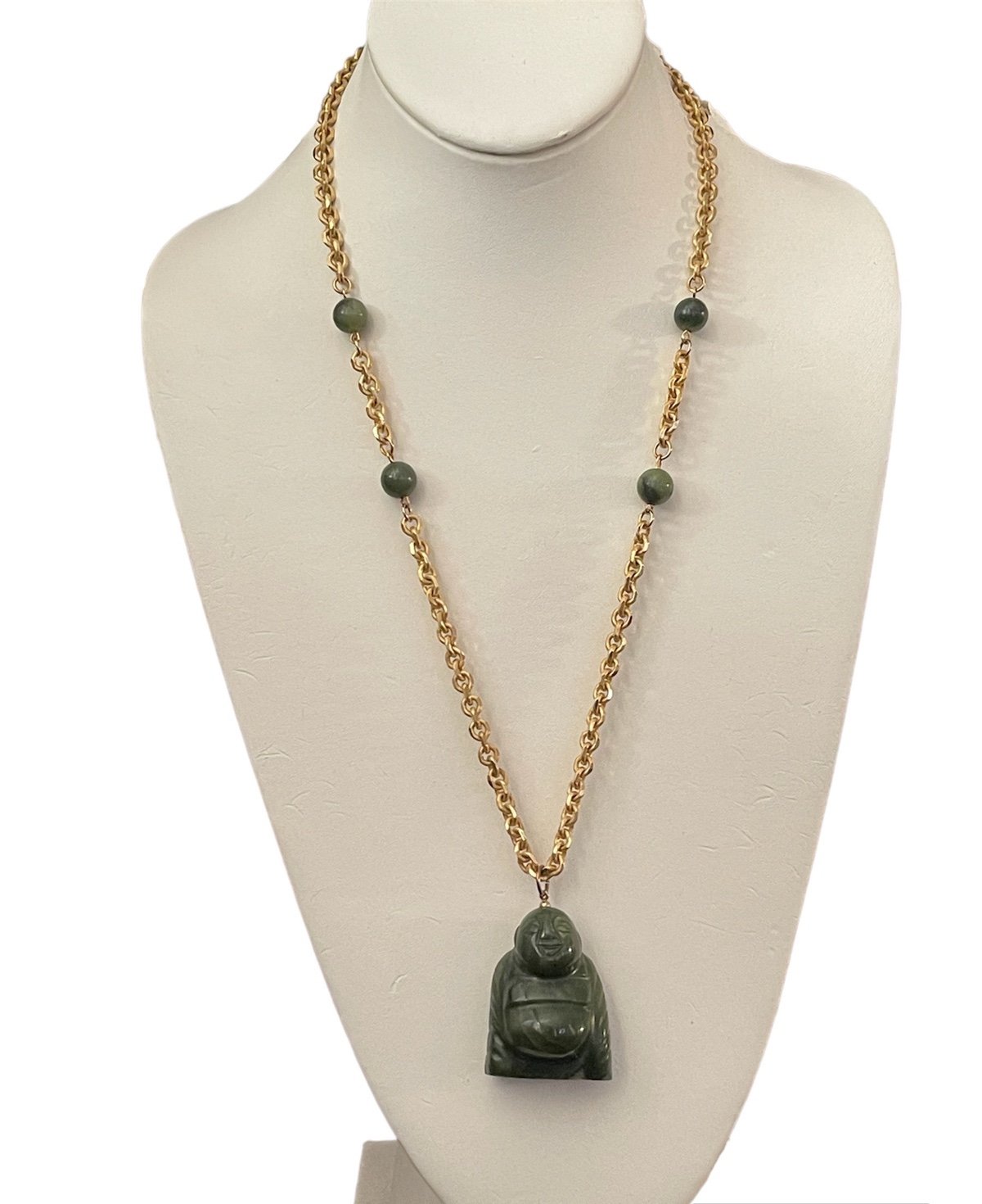 Hand carved natural nephrite jade Buddha pendant & gold tone chain