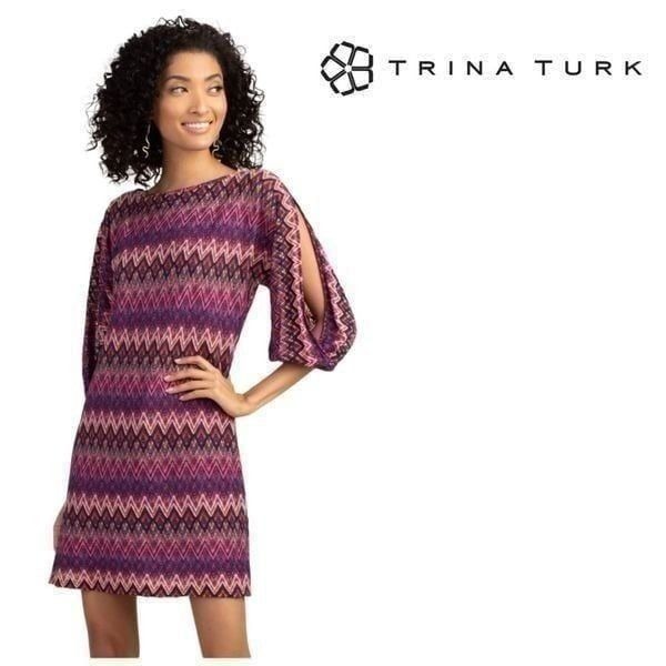 TRINA TURK New w Tags Sz Small Zig Zag Multicolor Sheath Dress Cold Shoulder