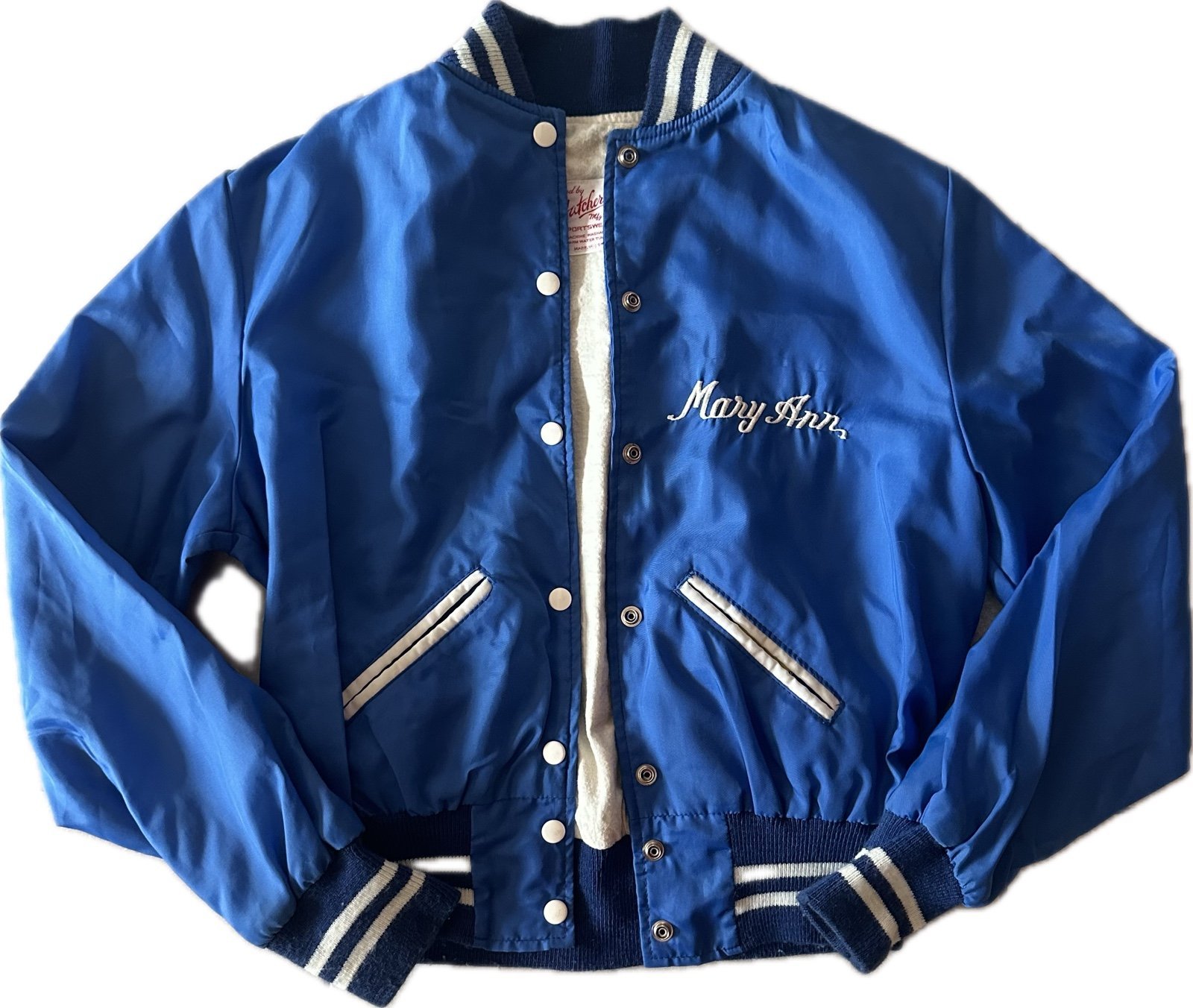 Vintage Women’s Blue And White Nylon 70’s Bomber Jacket