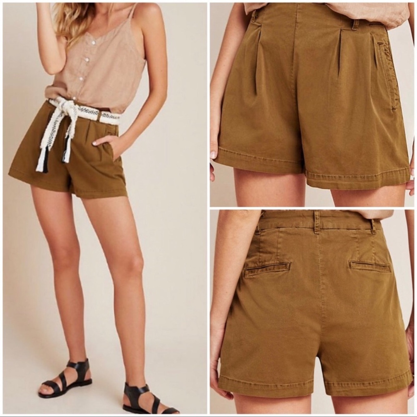 NWT Anthropologie Kelyn Olive Green Pleated High Rise Shorts Women’s Size 8
