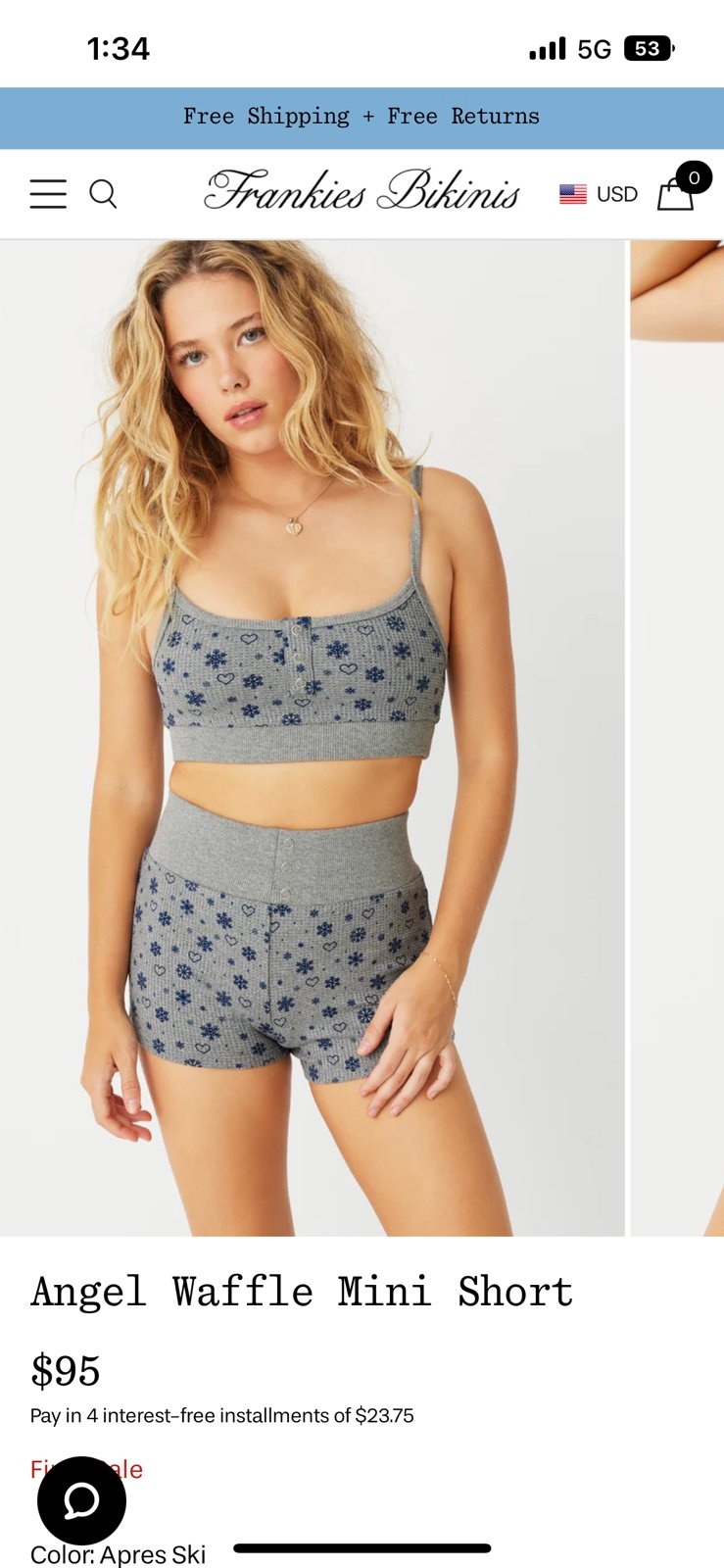 NWT Frankie’s bikinis apres ski Angel Waffle Mini Short and bra set