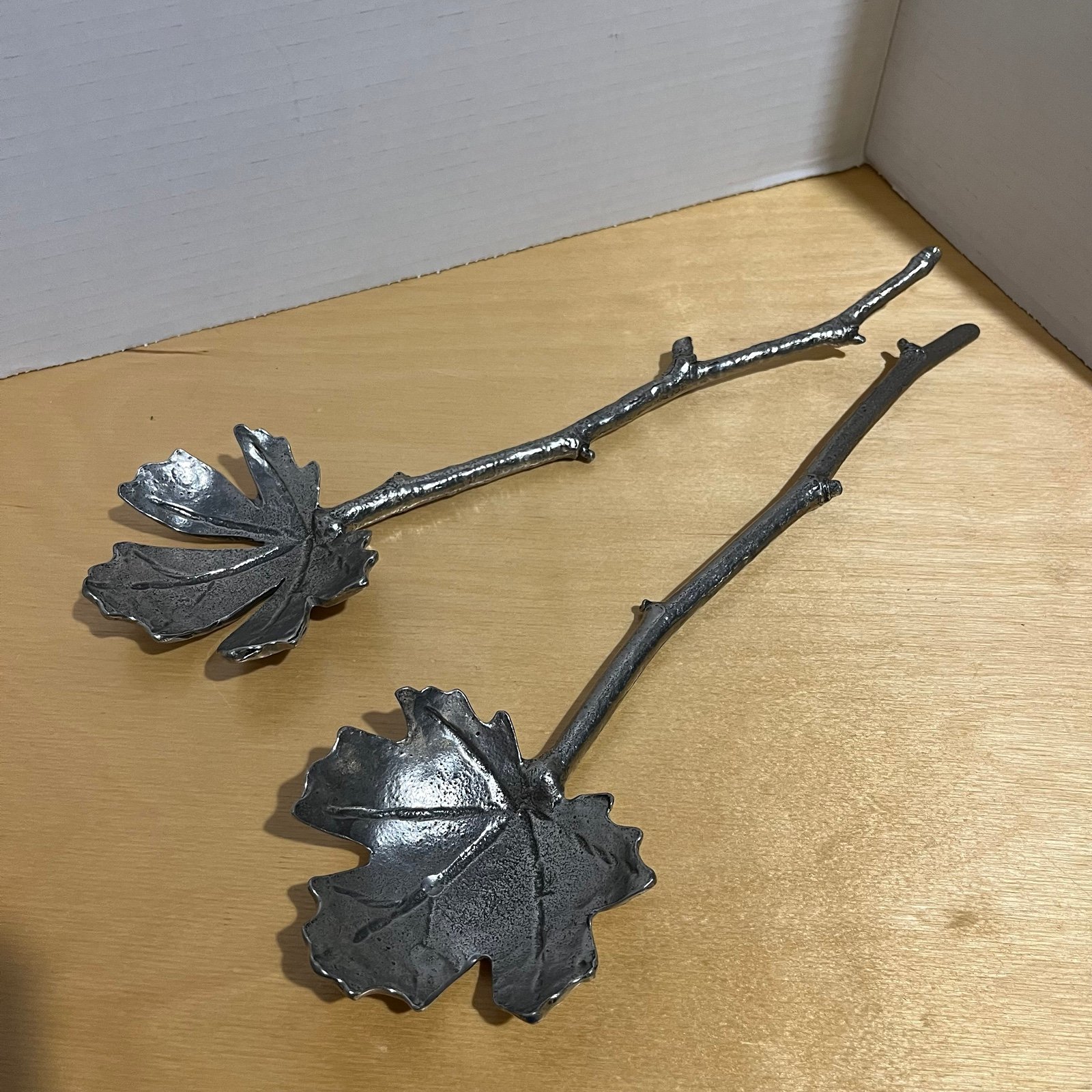 Vintage Leaf Branch Design Silver Color Spoon Fork Salad Server Pewter