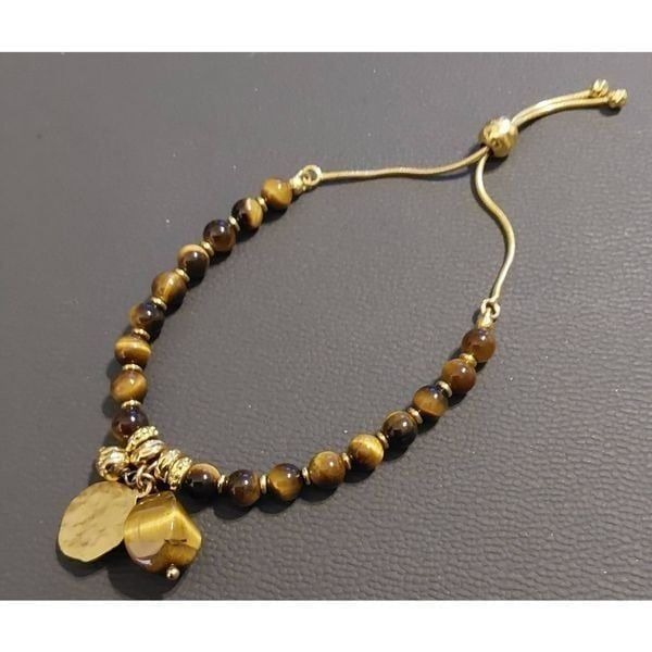 Genuine Tiger Eye Gemstone with Charms Bolo Bracelet~18K YGP