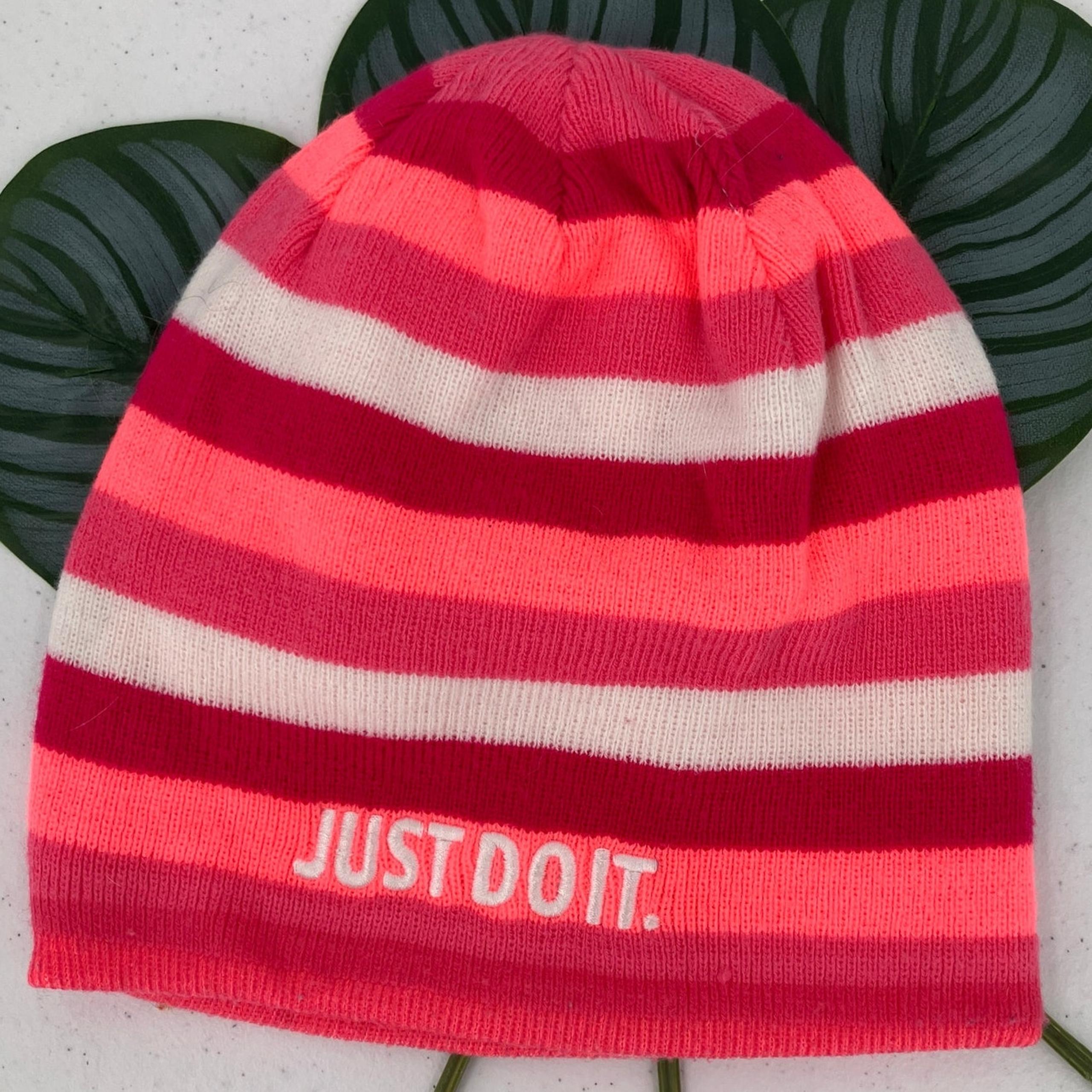 Nike Reversible Pink White Stripe Embroidered Just Do It Swoosh Logo Beanie Hat