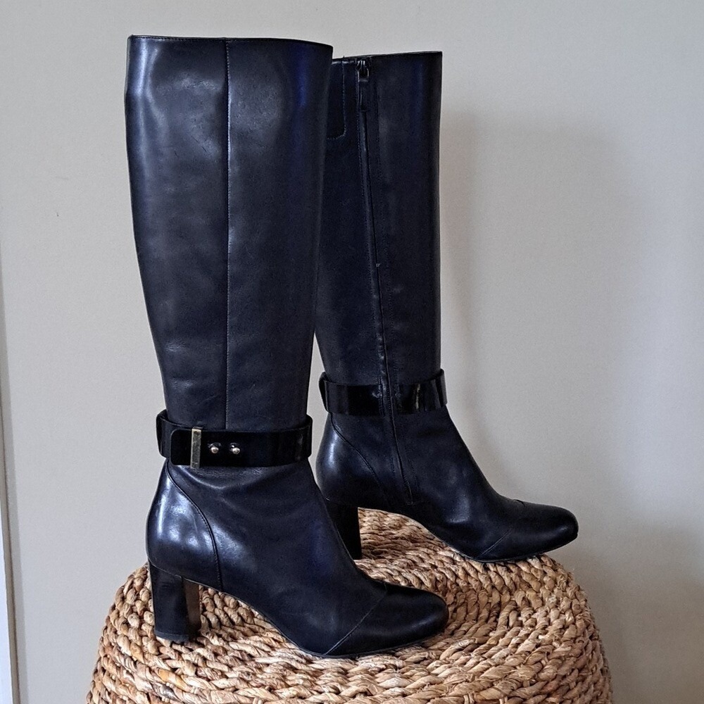 Cole Haan Womens Miriam Tall Black Leather 2.5 Heel Boots Zip/Ankle Strap S-7