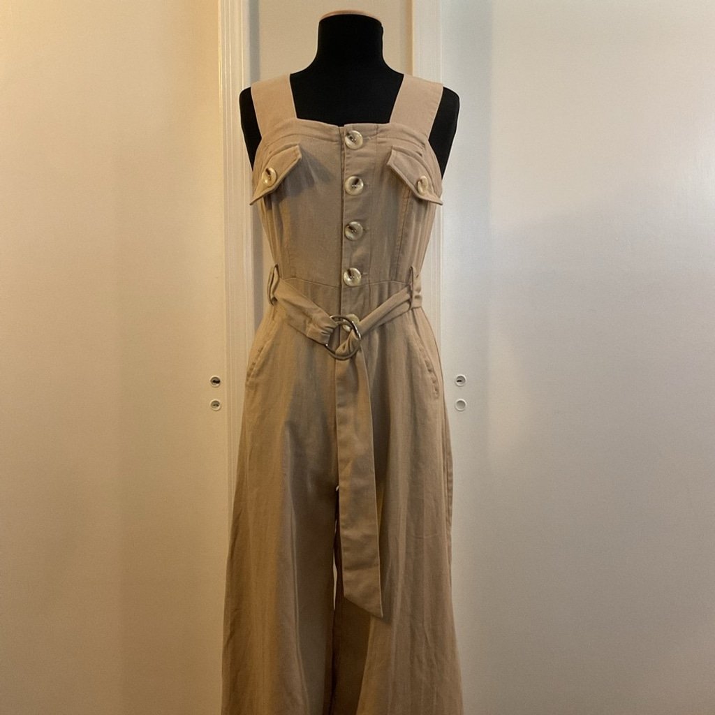 Khaki Beige Belted Utility Linen Button Down Sleeveless Jumpsuit