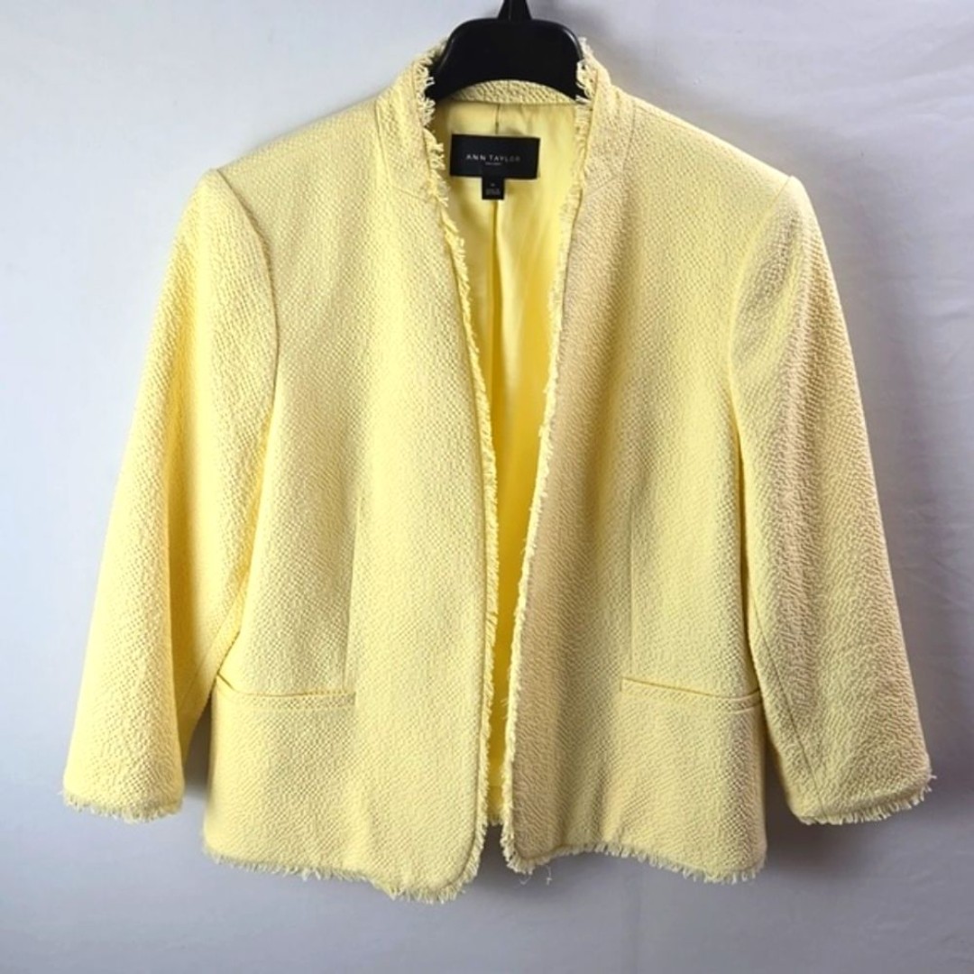 Ann Taylor Factory Women's Textured Yellow Open Fringe-Trim Blazer Sz 14