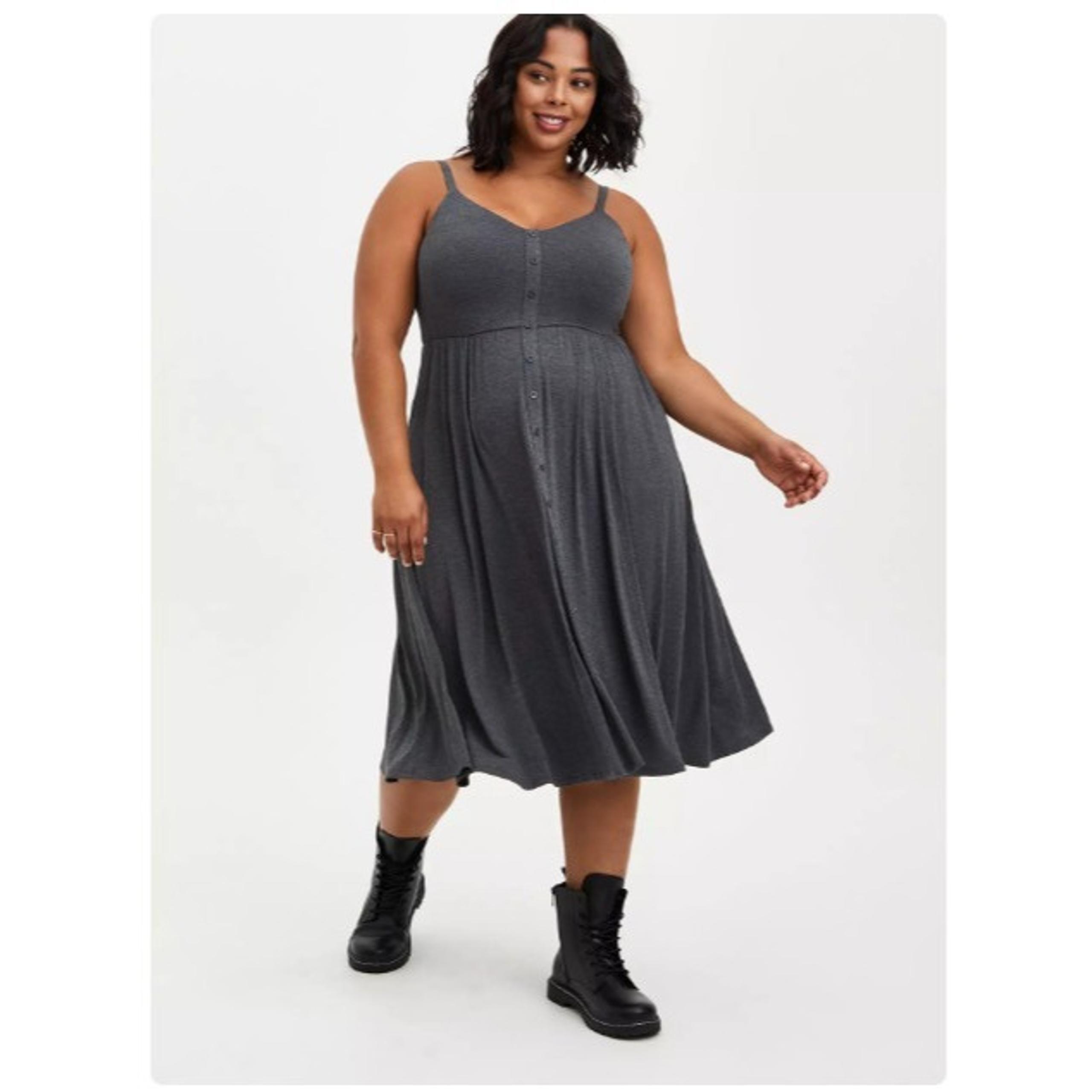 Torrid Button Front Skater Midi Dress Super Soft Heather Grey Stretch Sleeveless