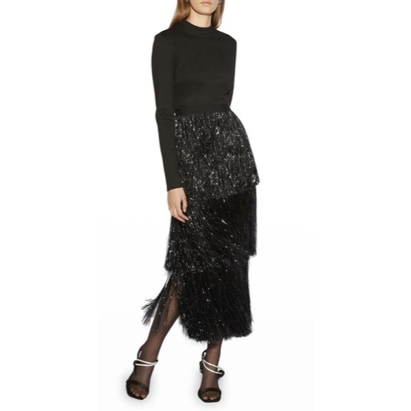 JONATHAN Simkhai Tinsel-Fringe mock-neck black midi dress SIZE 4