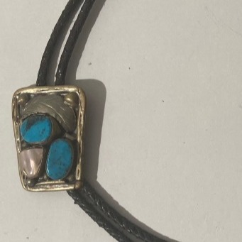 Vintage Metal Bolo Tie, Silver and Turquoise, Mother of Pearl, Nice Design