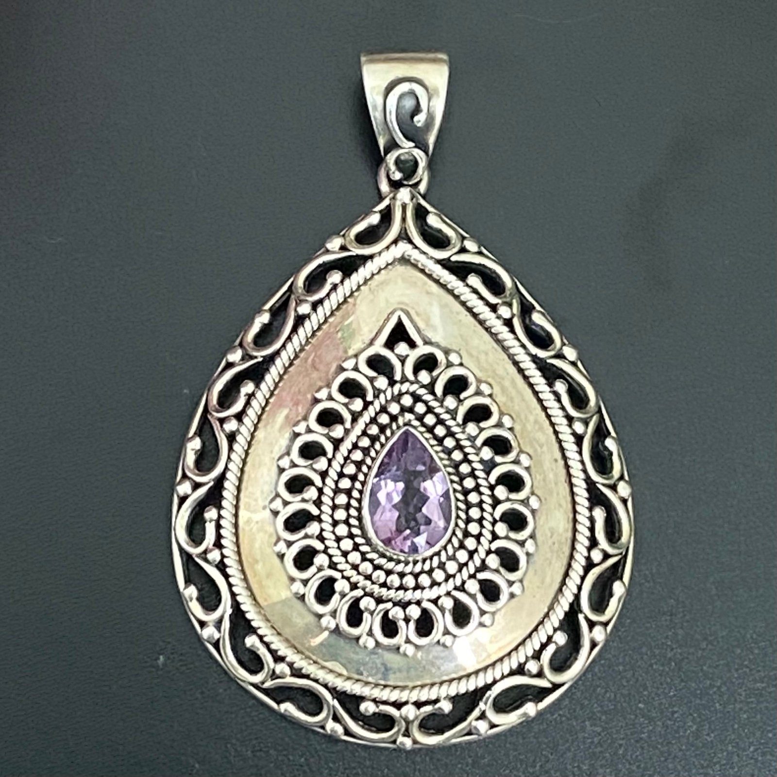 Vintage DP 925 Sterling Silver Filigree Bali Amethyst Large Teardrop Pendant 26g