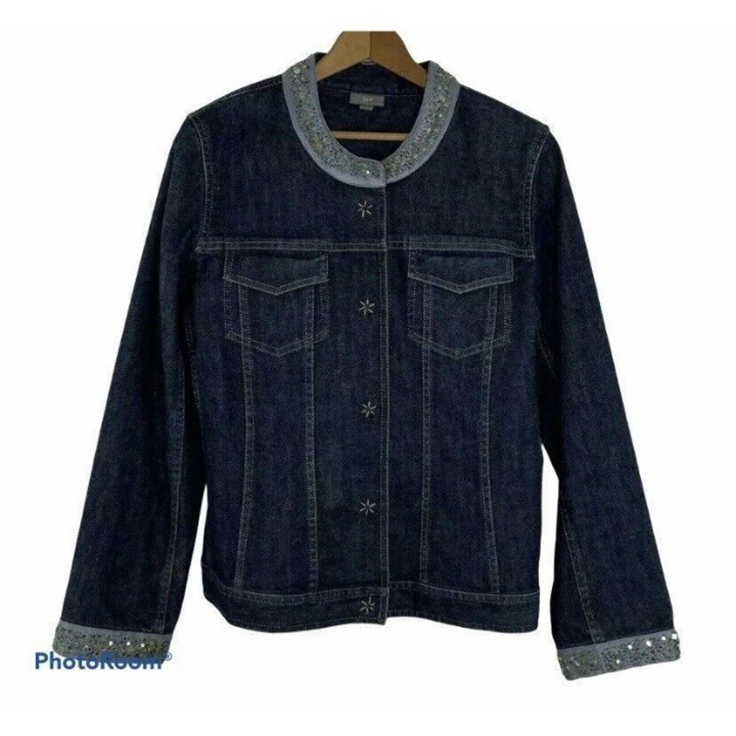 J Jill Denim Snap Front Jean Jacket Womens S Blue Round Beaded Collar Cuffs