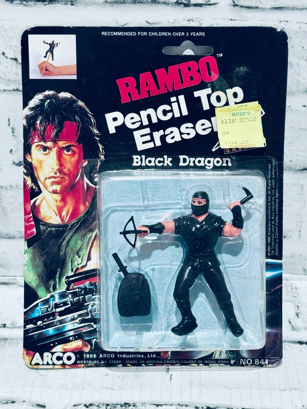 Rambo Black Dragon Pencil Top Eraser Sealed Card 3.75" Arco 1986 (0725)