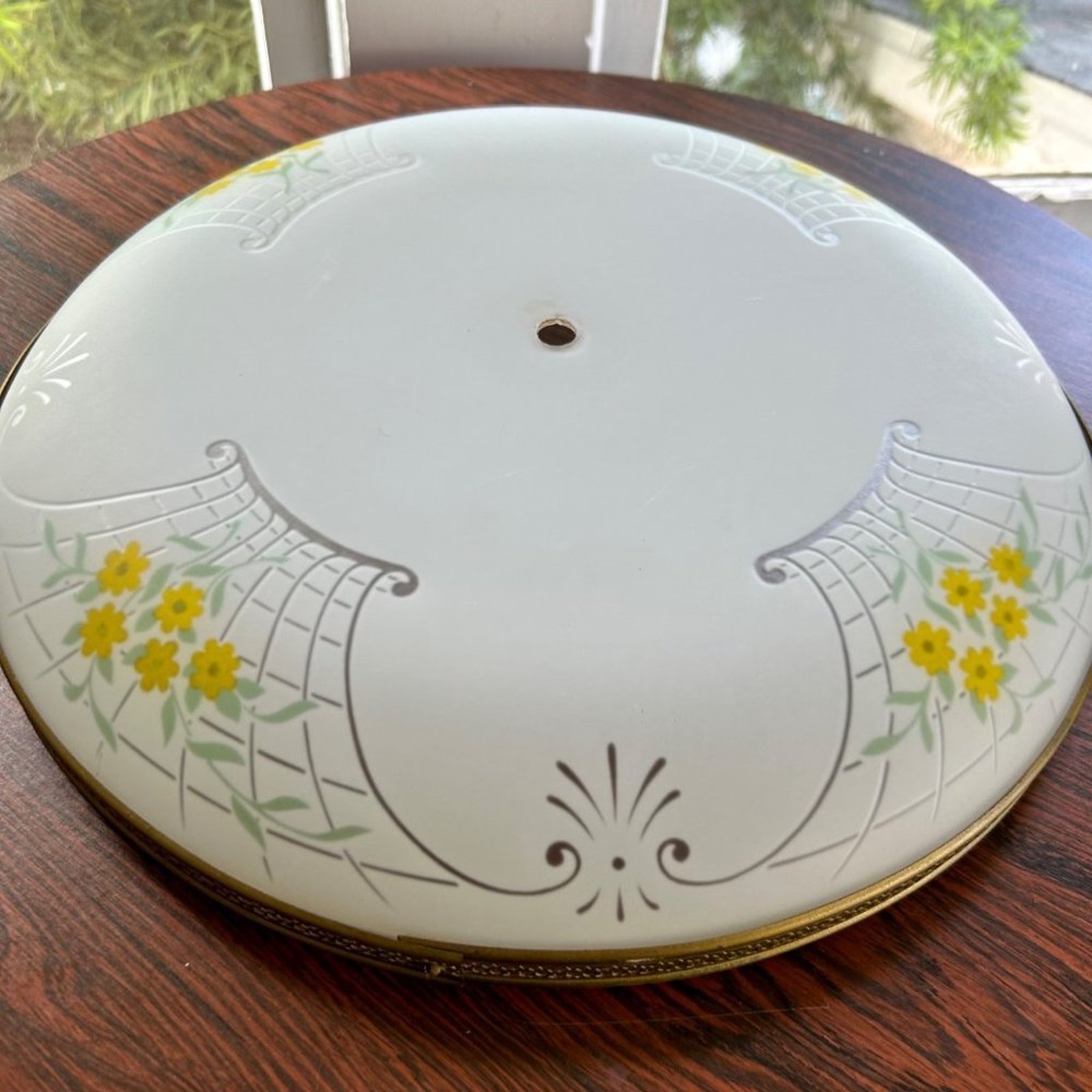 Vintage Round Frosted Glass and Yellow Floral Ceiling Light, Saucer Light Shade