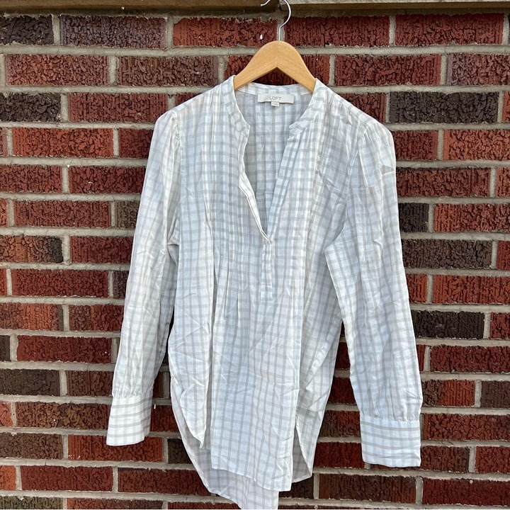 LOFT White and Gray Plaid Deep V Neck Long Sleeve Blouse Top