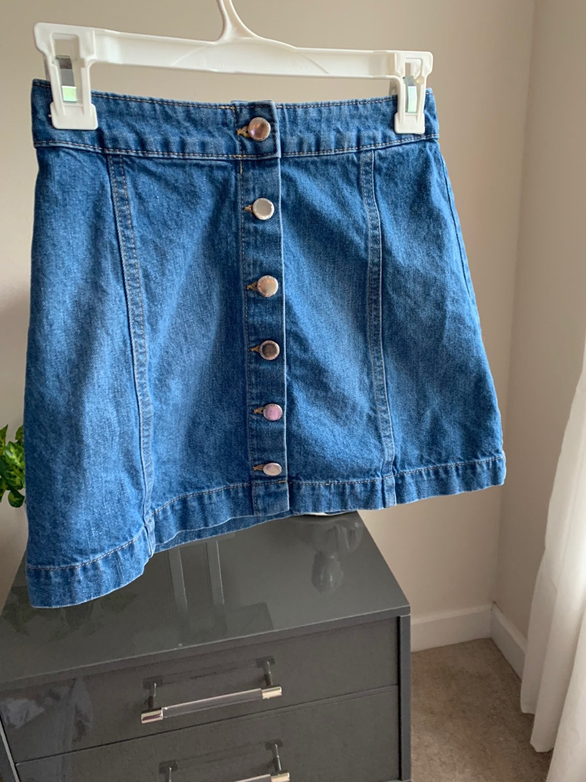 Blue denim button up mini skirt