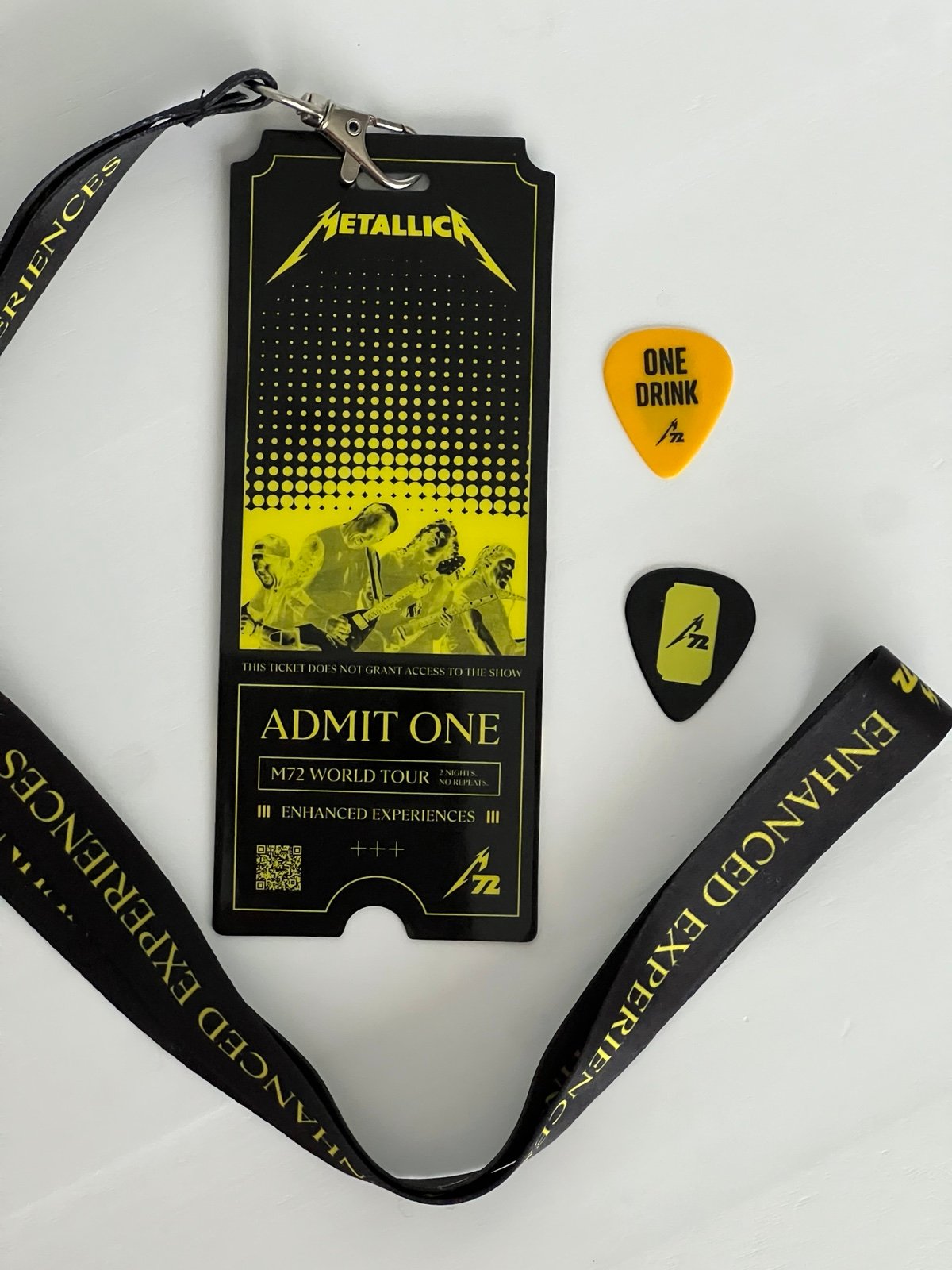 Metallica M72 tour VIP laminate, guitar pick and a drink token