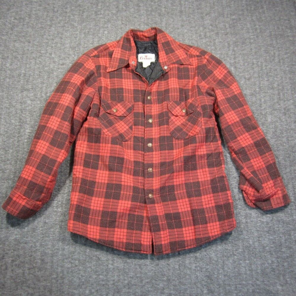 Vintage 70s Corsair Flannel Jacket Mens M Red Black Plaid Quilt Lined Button Up