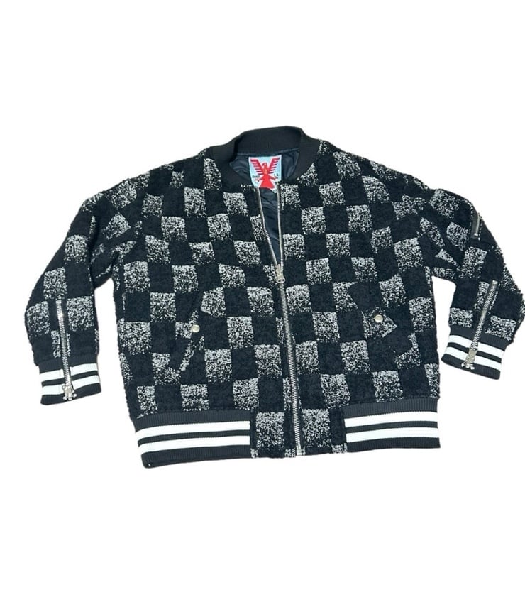 ADAPTATION CHECKERED DAMIER TWEED BOUCLE NYLON REVERSIBLE BOMBER JACKET L