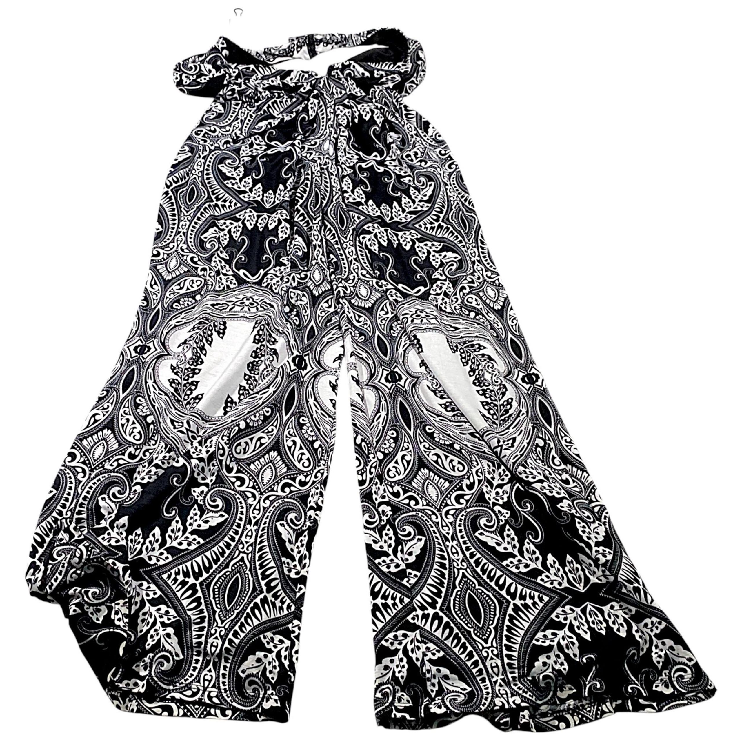 HMS Jumpsuit Womens M Black White Paisley One Piece Halter Flowy Wide Leg Sexy