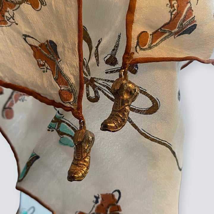 Antique Silk Handkerchief with boots illustration and 2 hanging metallic booties