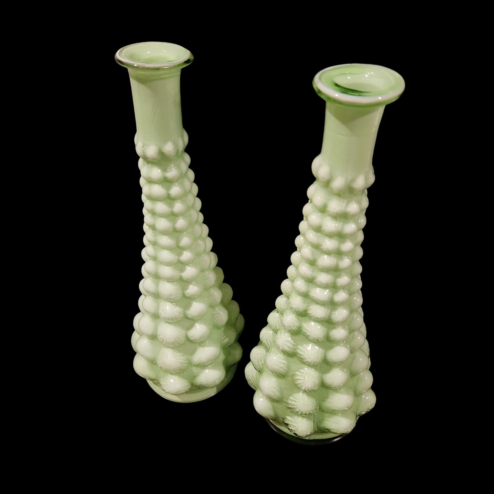 Vintage set of two Green Jadeite Color Hobnail Vases large 12 high