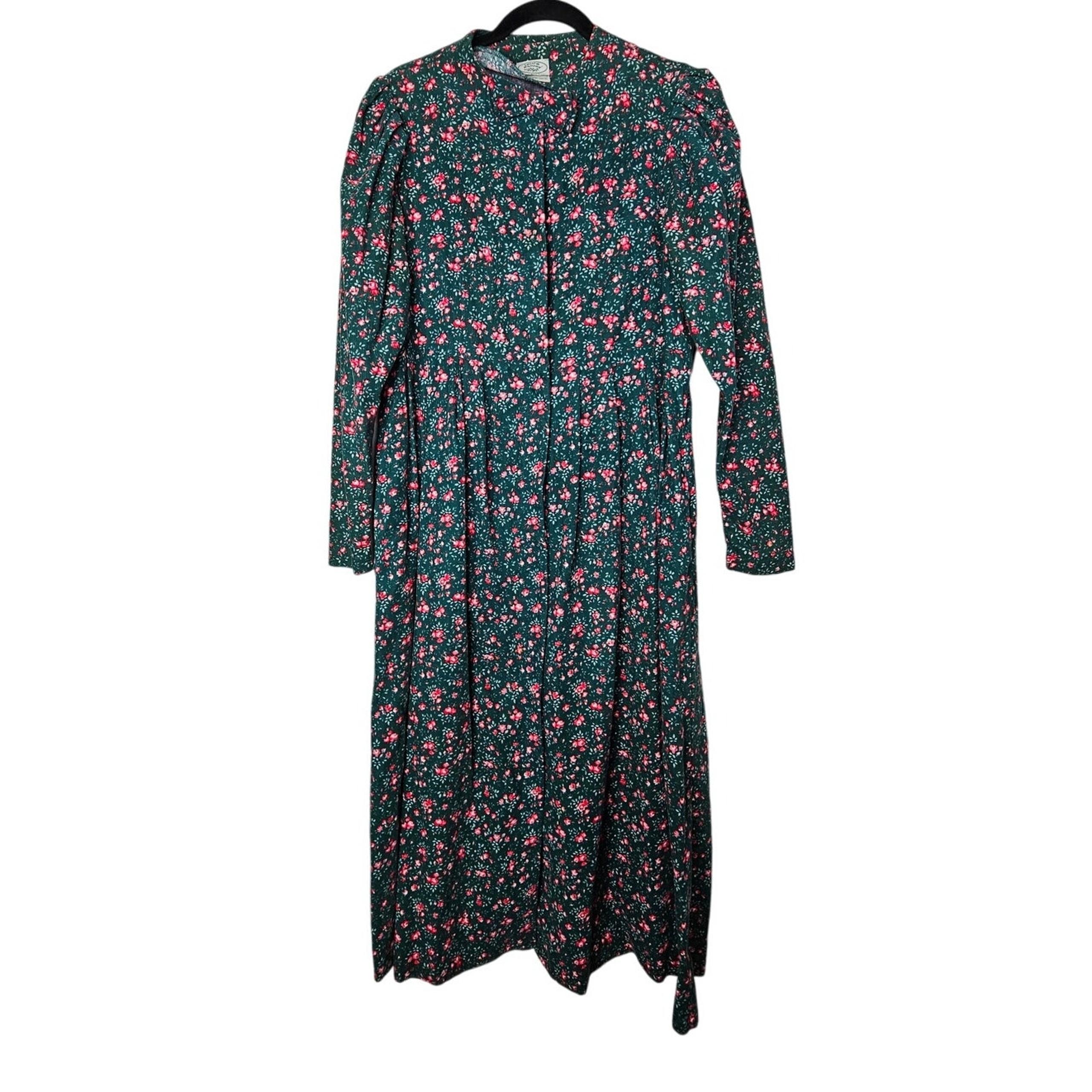 Vintage 90s Laura Ashley 14 Green Corduroy Floral Cottage Dress Modest Cotton