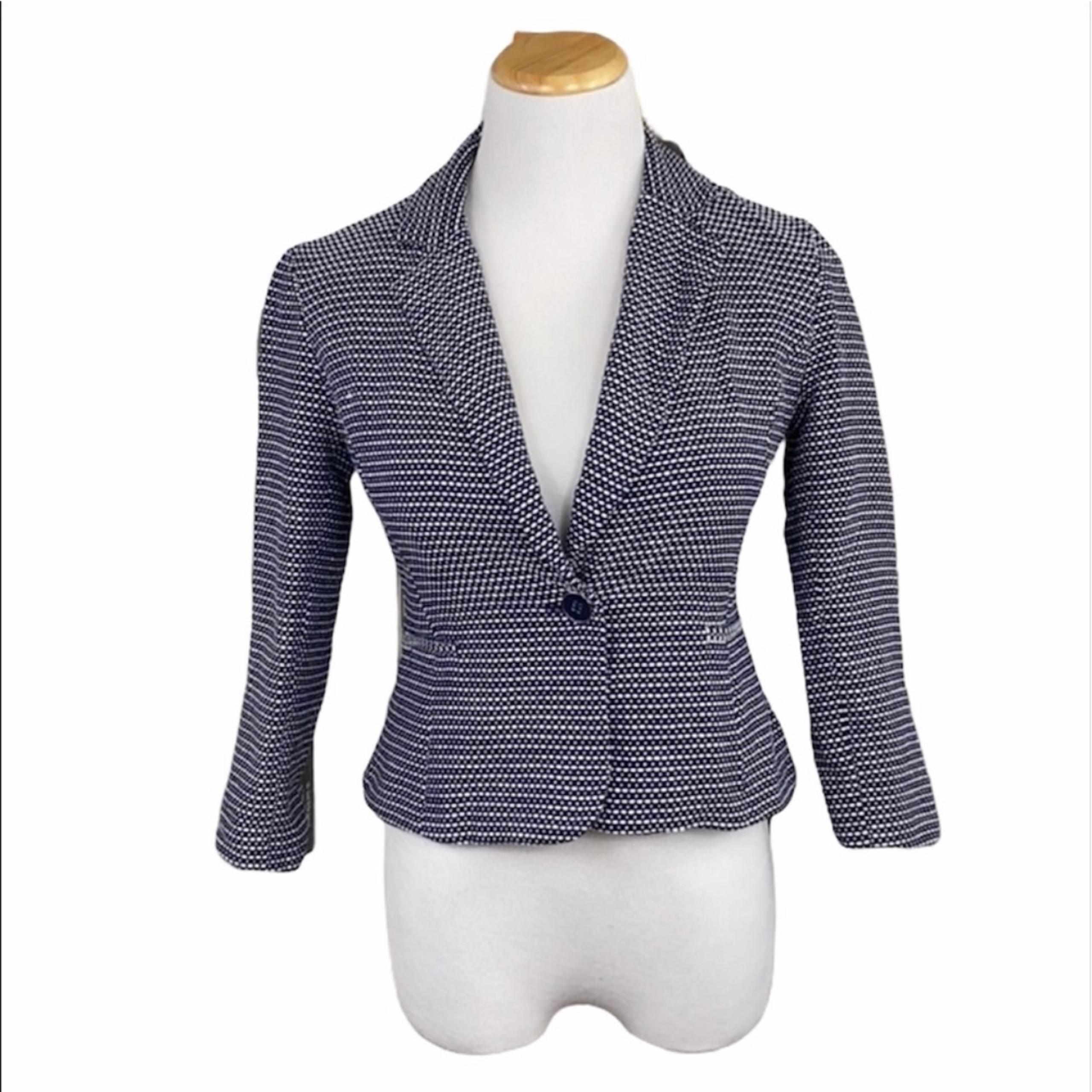 Cynthia Rowley Navy and White Woven Fitted Career Blazer