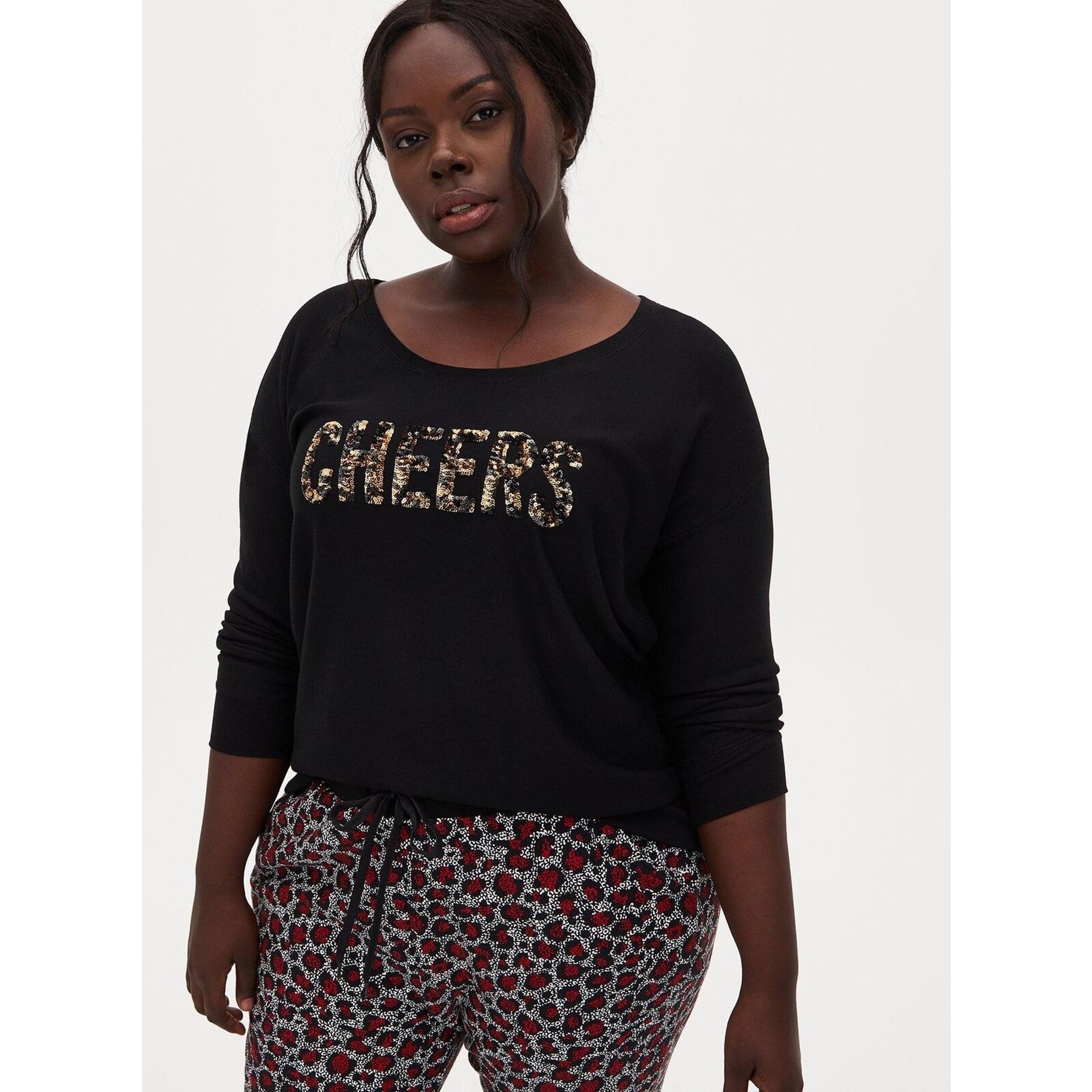 Torrid Plus Size 1X Cheers Sequin Fleece Long Sleeve Lounge Sweatshirt Black