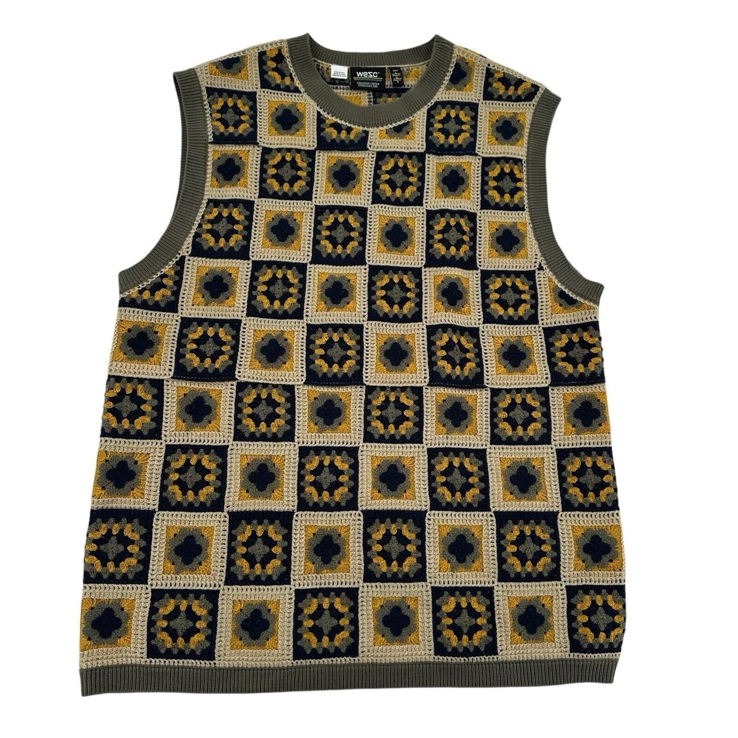 WEZC Grandpa Crochet Men Sz L Block Patches Sweater Vest Coastal Gray Yellow