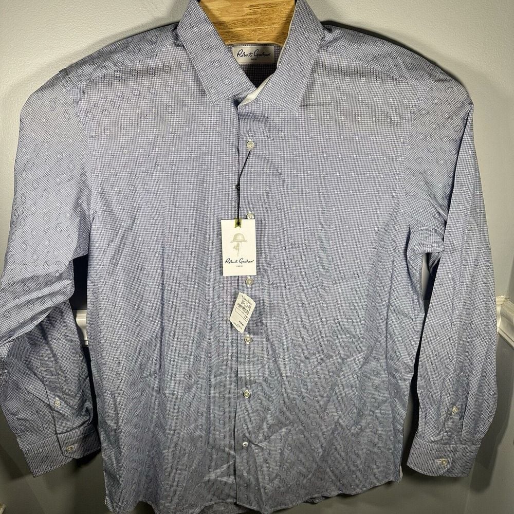 NWT Robert Graham 43-17 Cotton Long Sleeve Shirt Flip Cuff Plaid Blue Stripe