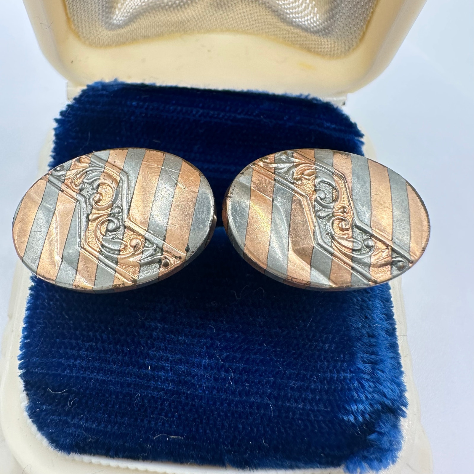 S.B. Co. antique Edwardian rose gold silver two tone striped bean back cufflinks