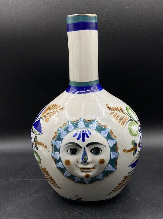 Erandi Tonala Tequila Tumble Up Folk Art Jug Sun Face Florals 11.5” Ceramic
