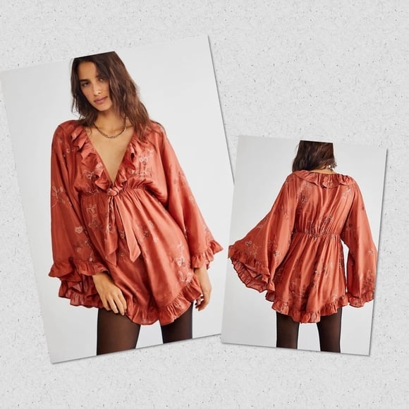 FREE PEOPLE NWT Rose/tyrie Wide Long Sleeves Ruffle V-neck Romper Sz Small
