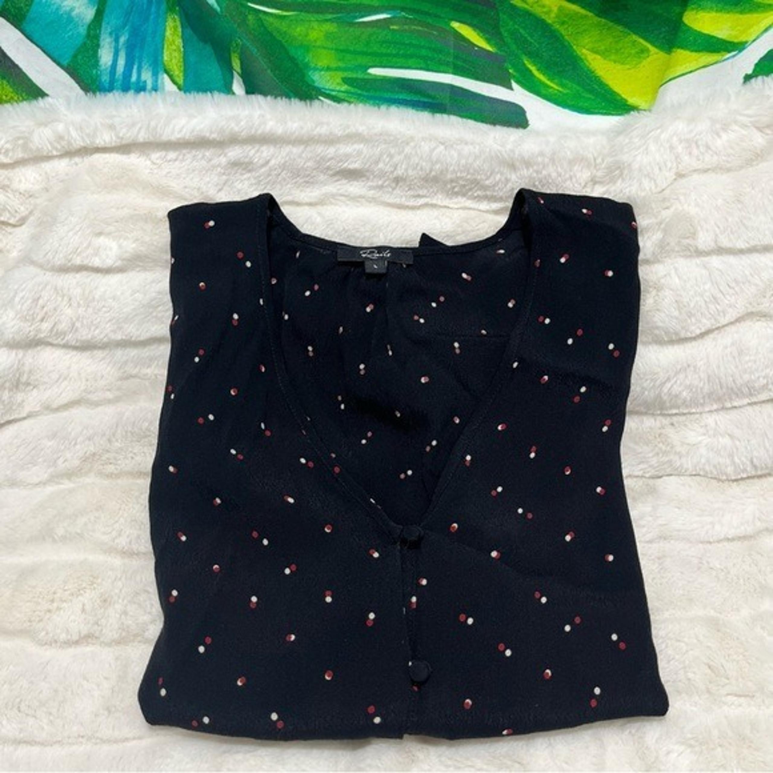 EUC $158 Rails Women’s Beaux Large Black White Off Set Dot Office City Blouse