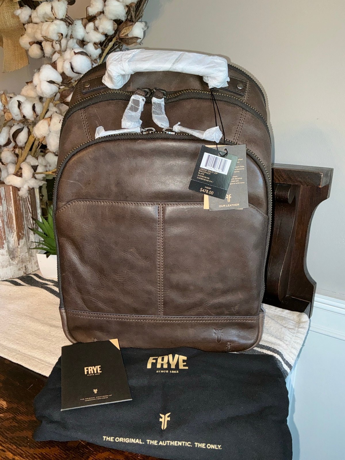 NWT Frye Leather LOGAN MULTI ZIP BACKPACK Luggage Sleeve Slate Dark Brown 478