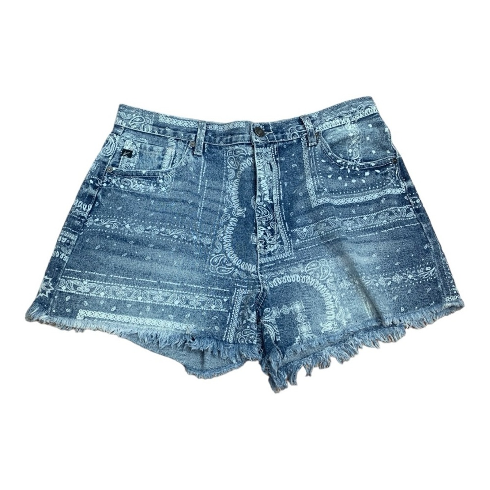 Kancan womens size 13 30 shorts raw hem paisley kerchief blue denim country west