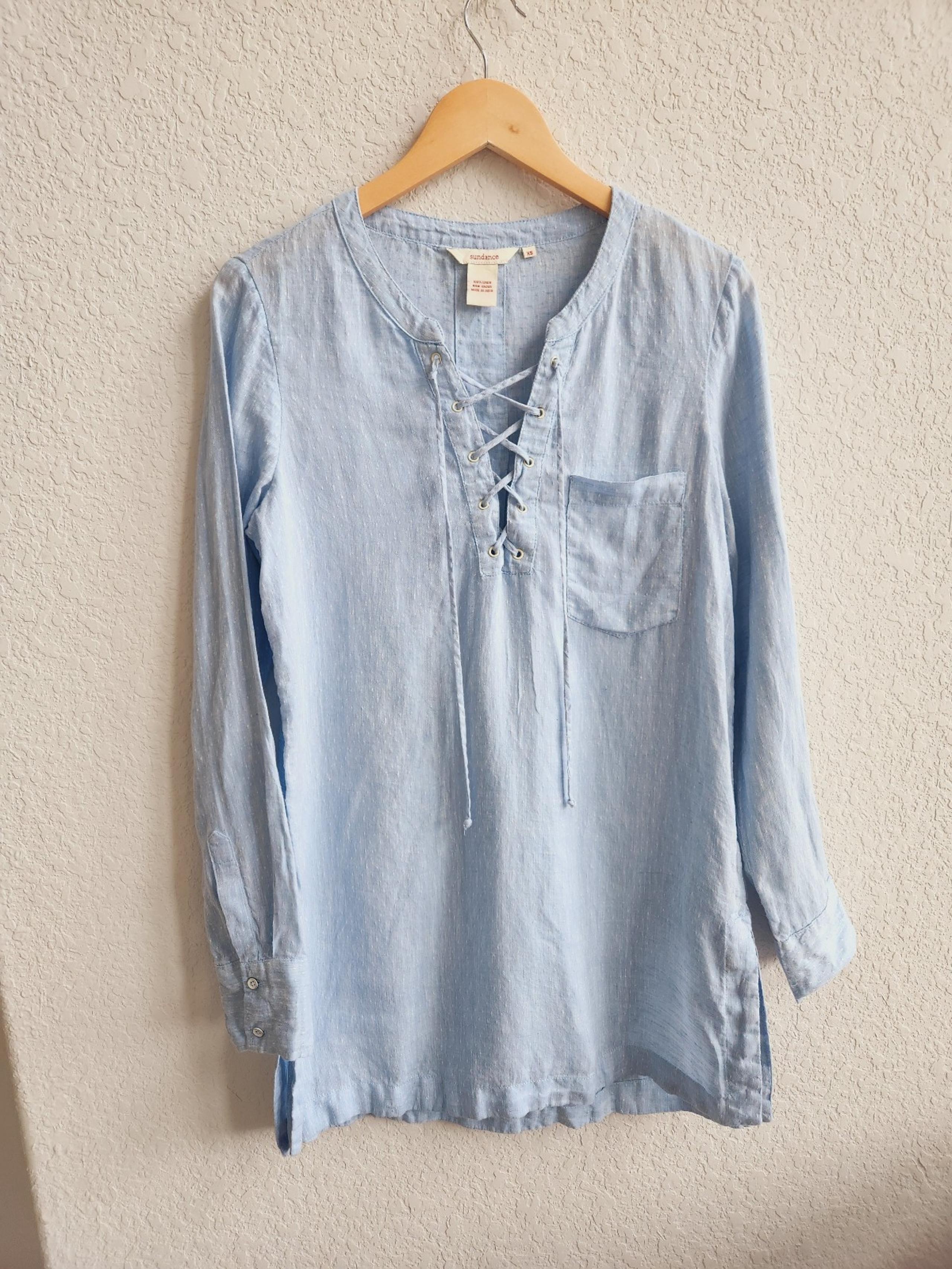 Sundance Womens Linen Top  Tunic Blouse Size XS Blue