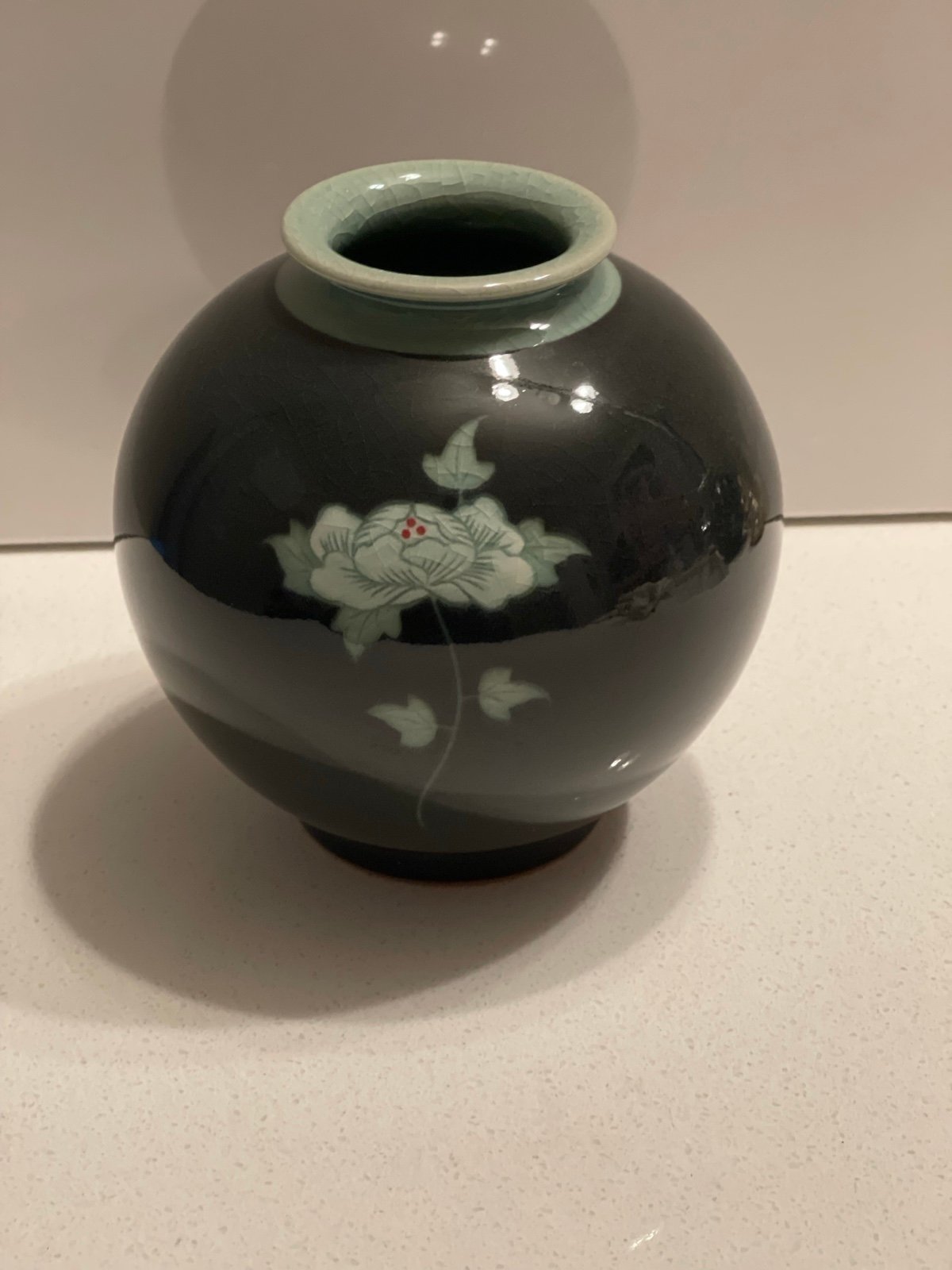 Antique Korean Celadon Crackle Glaze Vase Green Floral c. 1900's