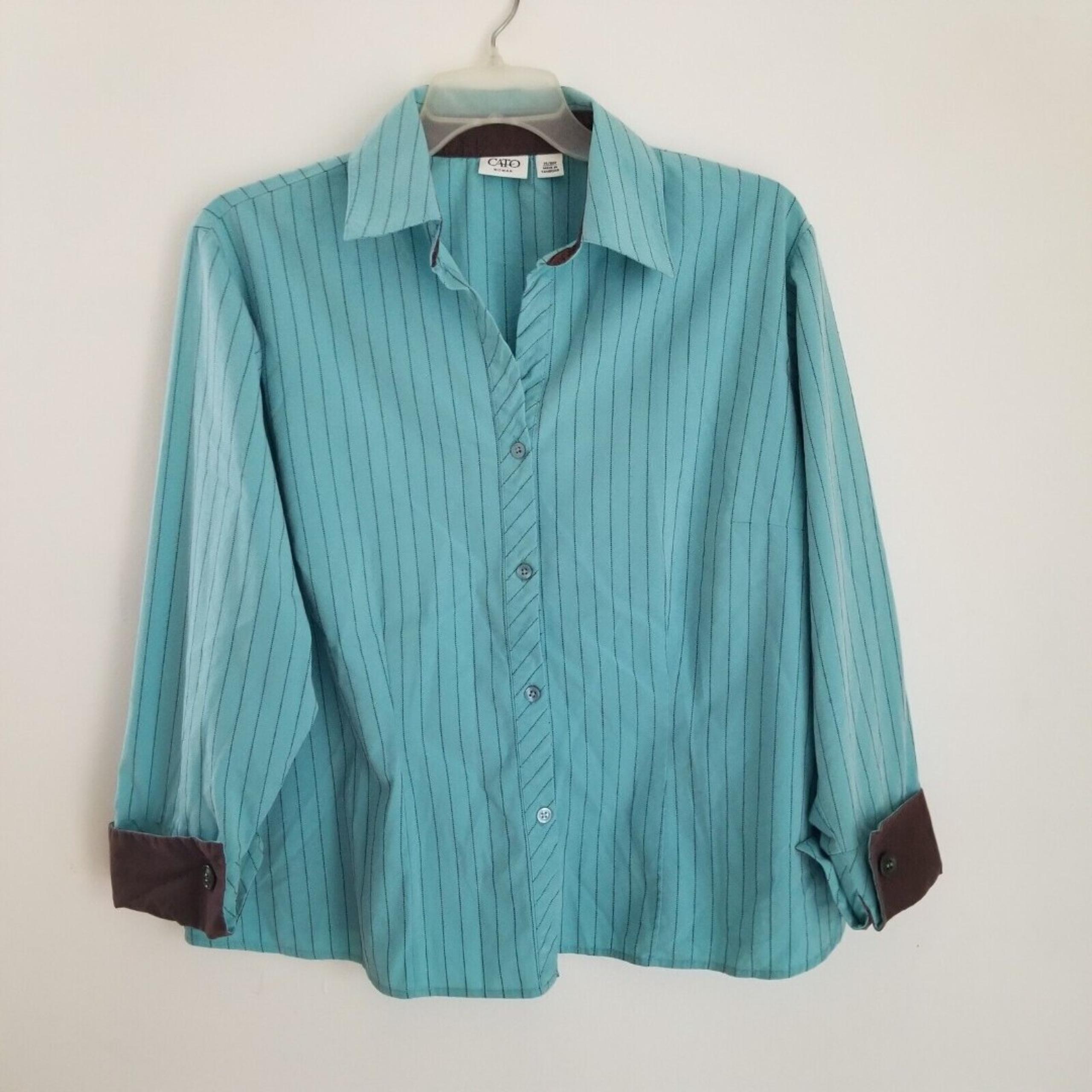 Cato Shirt Womens 14/16W Blue Striped Button Down Brown Cuffs