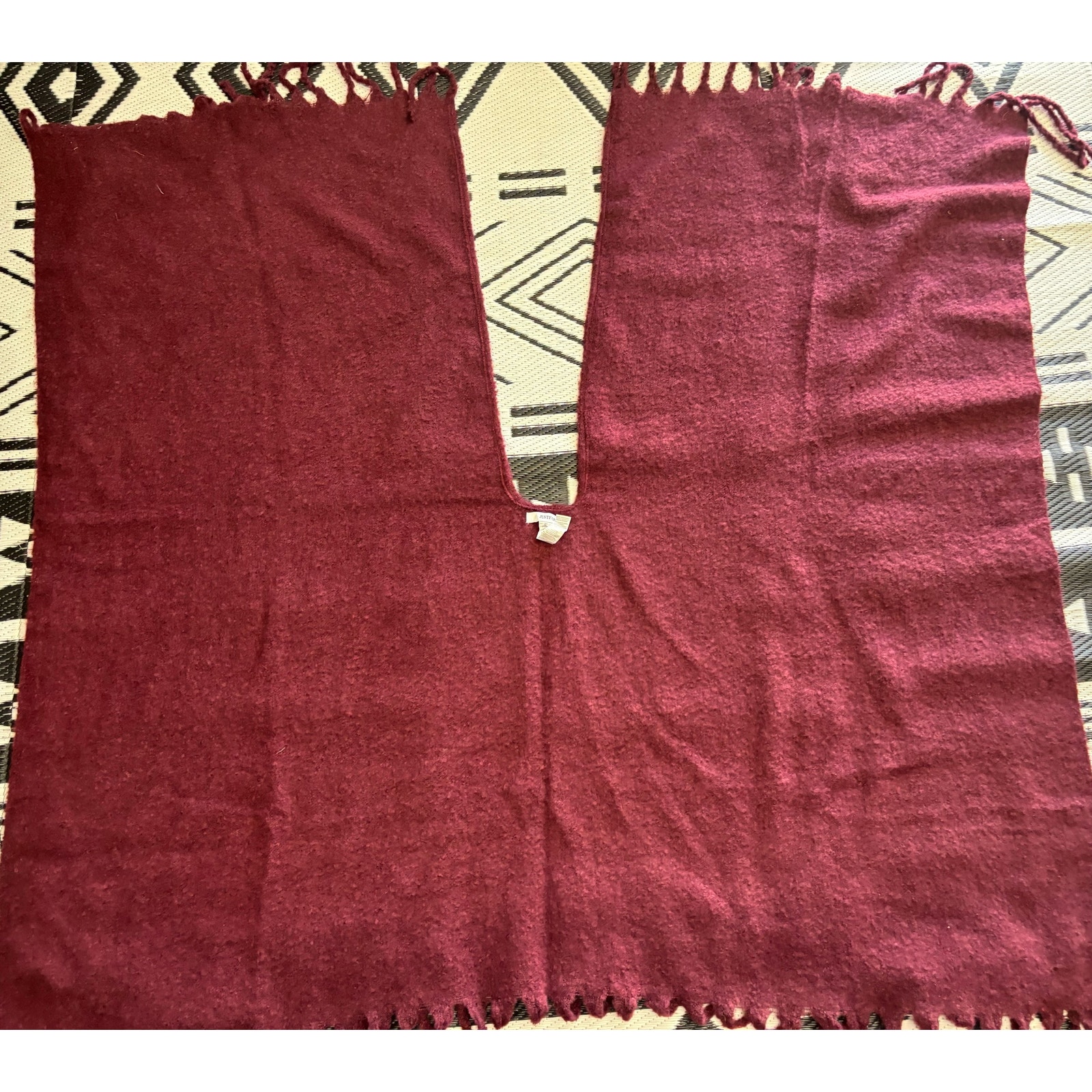 JustFab Fuzzy Ruana With Fringe Hem, Burgundy, One Size