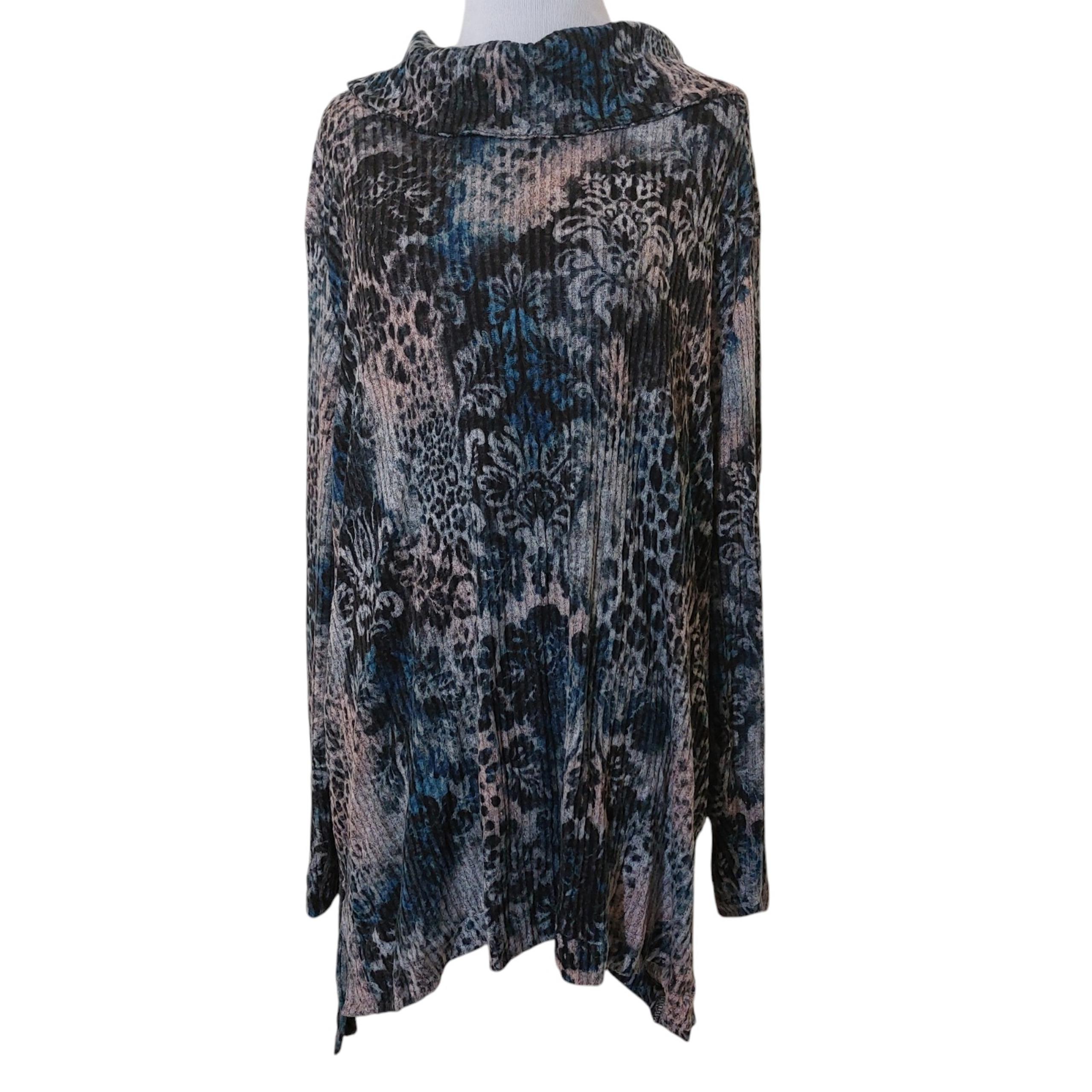 Chico's Zenergy Cozy Paisley Leopard Animal Print Ribbed Cowl Neck Tunic Sweater