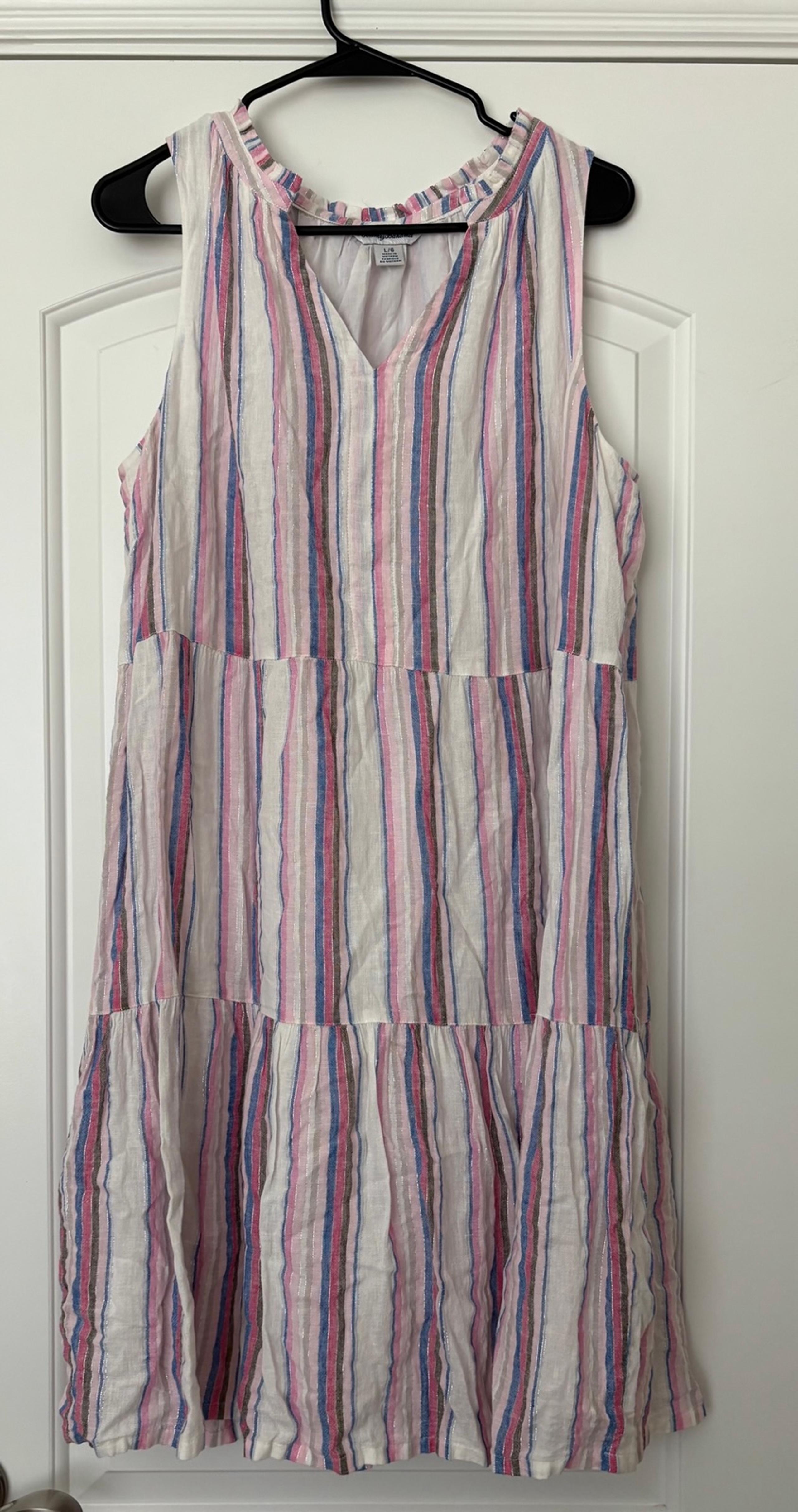 Tommy Bahama Sleeveless Striped Pink Tiered Midi Dress Large Linen Boho
