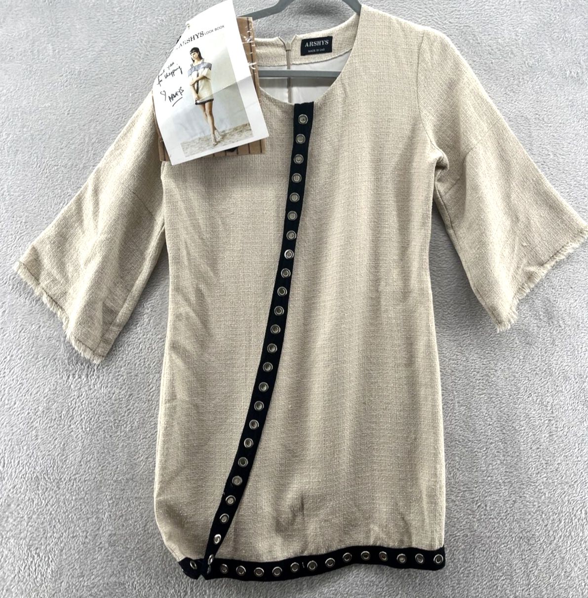 ARSHYS Dress Womens M Tan Tweed Dress with Black Eyelet Ribbon Raw Hem Sleeve