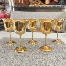 Electroplate 24 K Gold 5 Piece Set Stamped Unbranded Wine Goblets 5.5” tall