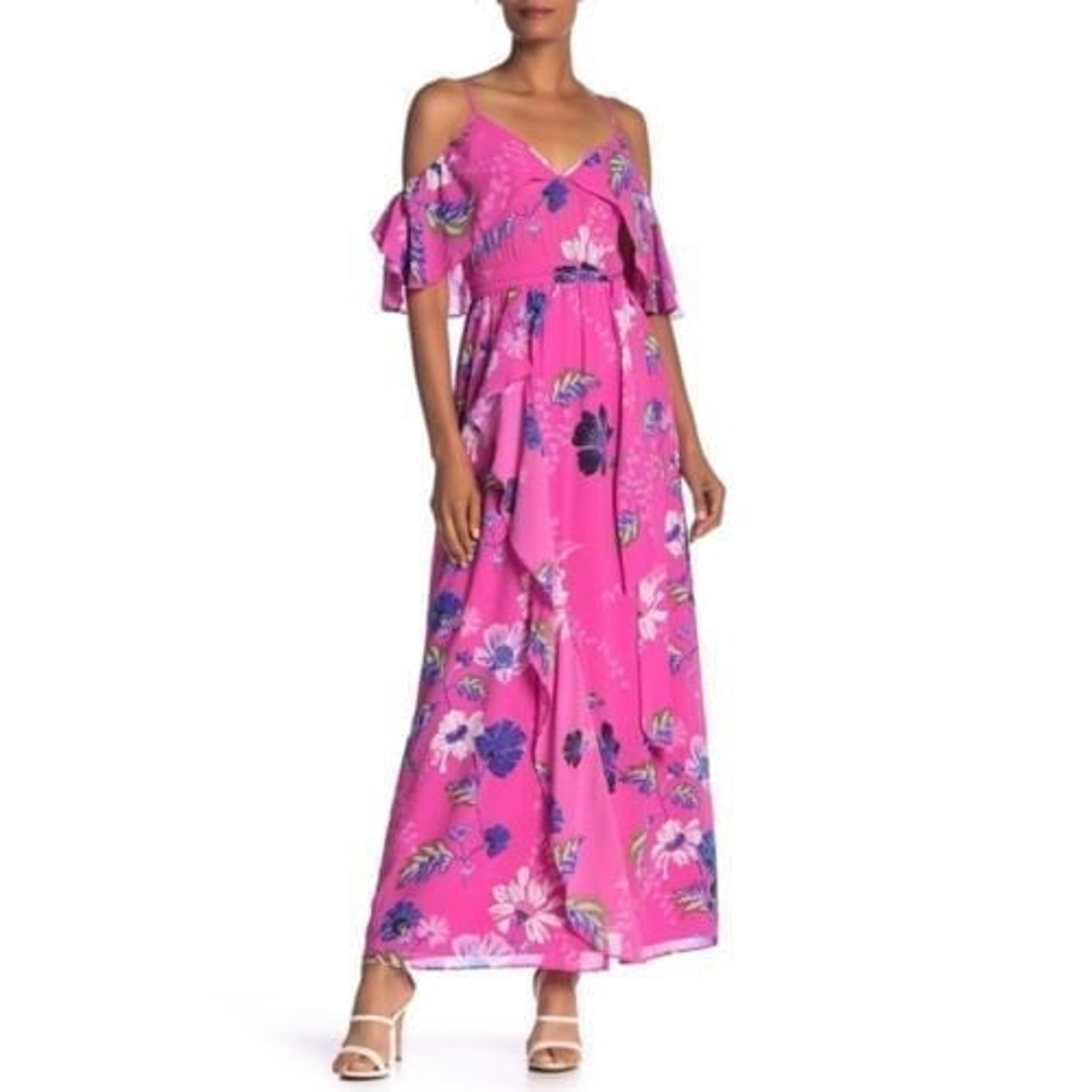 Rachel Roy Maxi Dress Women's Pink Floral Barbie Fairy Cottage Ruffle Sz4 NWT