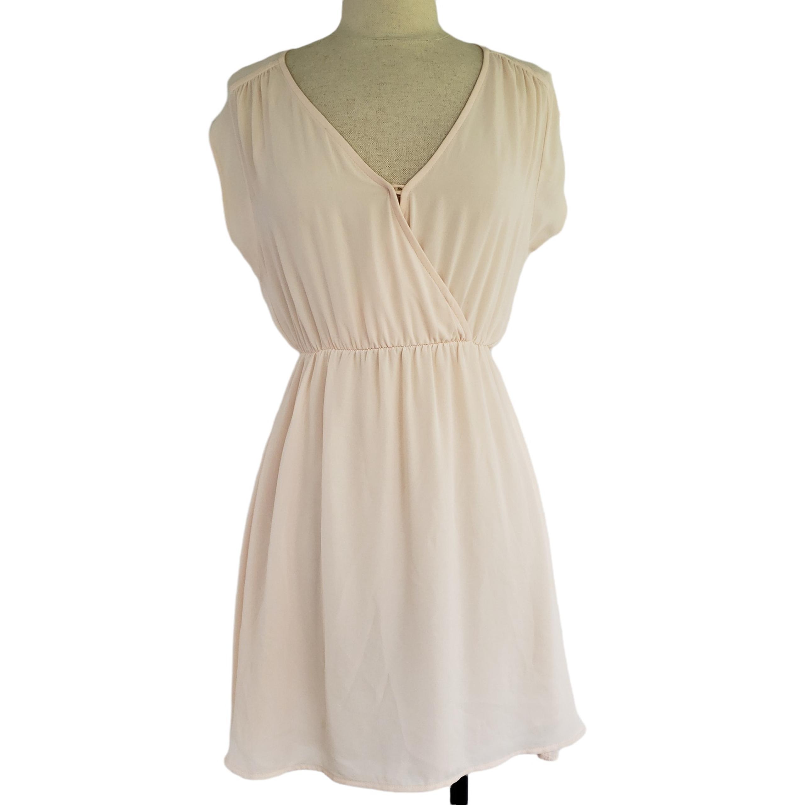 Lush Dress Womens XS Beige Cream Fit & Flare Empire Waist Lightweight V Neck