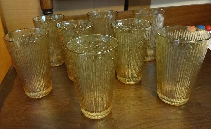 vintage FINLANDIA JEANNETTE iridescent amber glass tumbler set of 8 tree bark