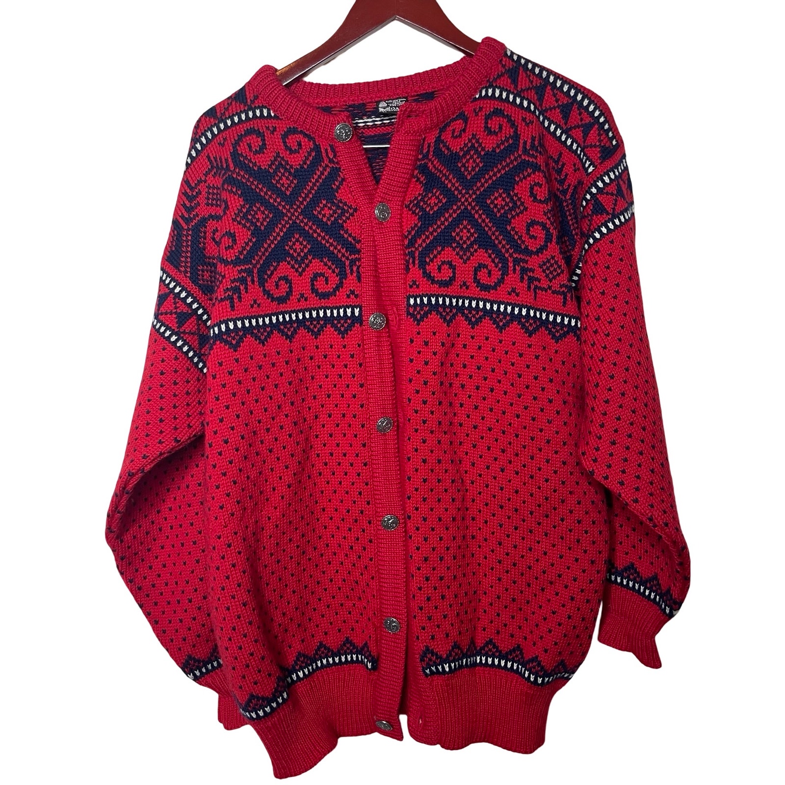 Dale of Norway Vintage Red Navy Fair Isle 100 Pure Wool Knit Cardigan Sweater XL