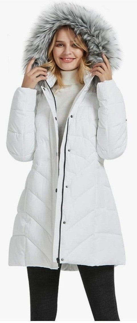 White padded coat with faux fur hood